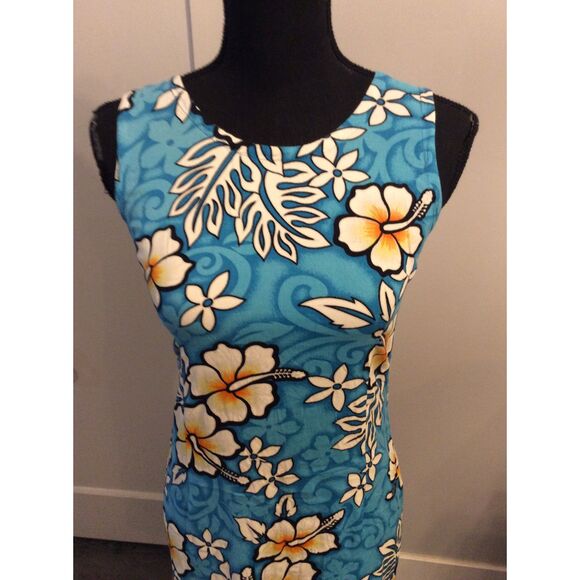 Tiki Palm Tropical Coconut Girl Hawaiian Dress Vintage Blue Small S - Picture 2 of 5